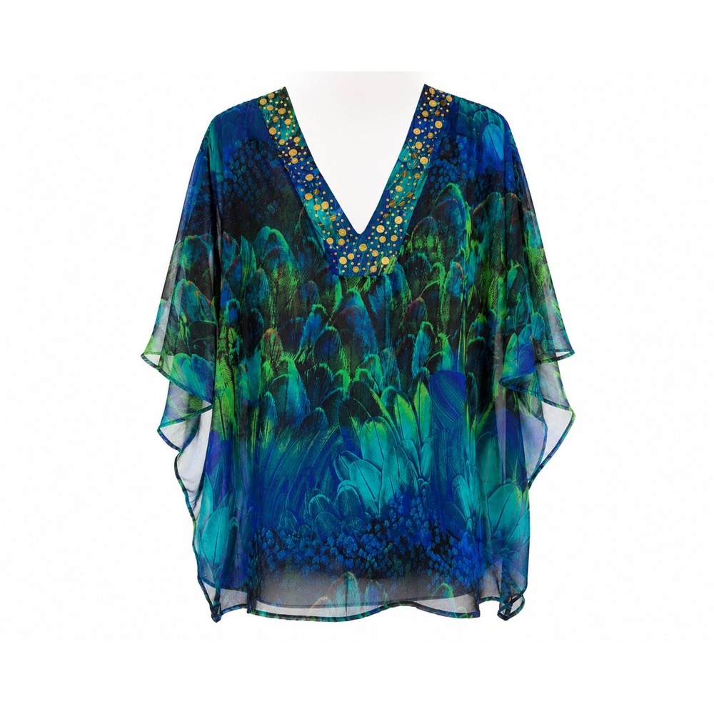 Natori Paradise Feather Sheer Short Caftan Blue Green Peacock Sequin V-Neck XS/S